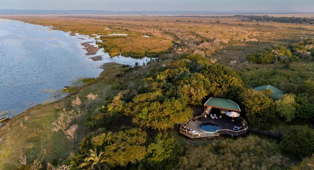 Makakatana Bay Lodge on Lake St Lucia from the air