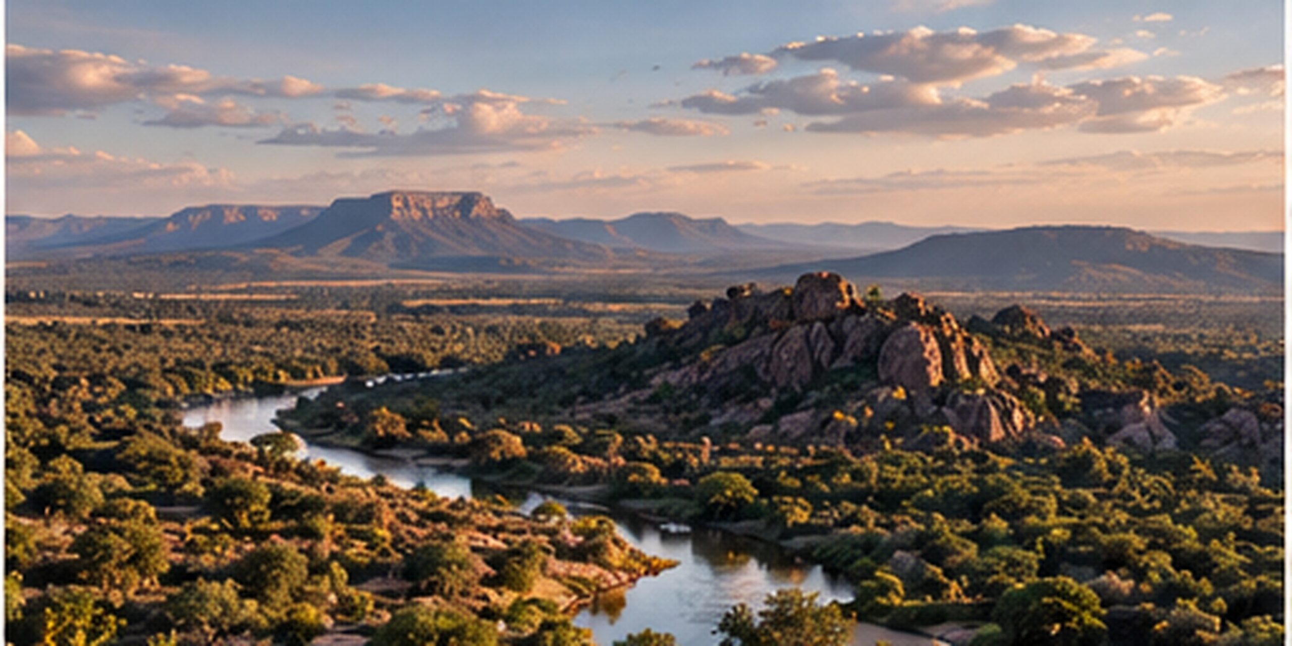 A river winding through bushveld below rocky koppies and flat-topped mountains