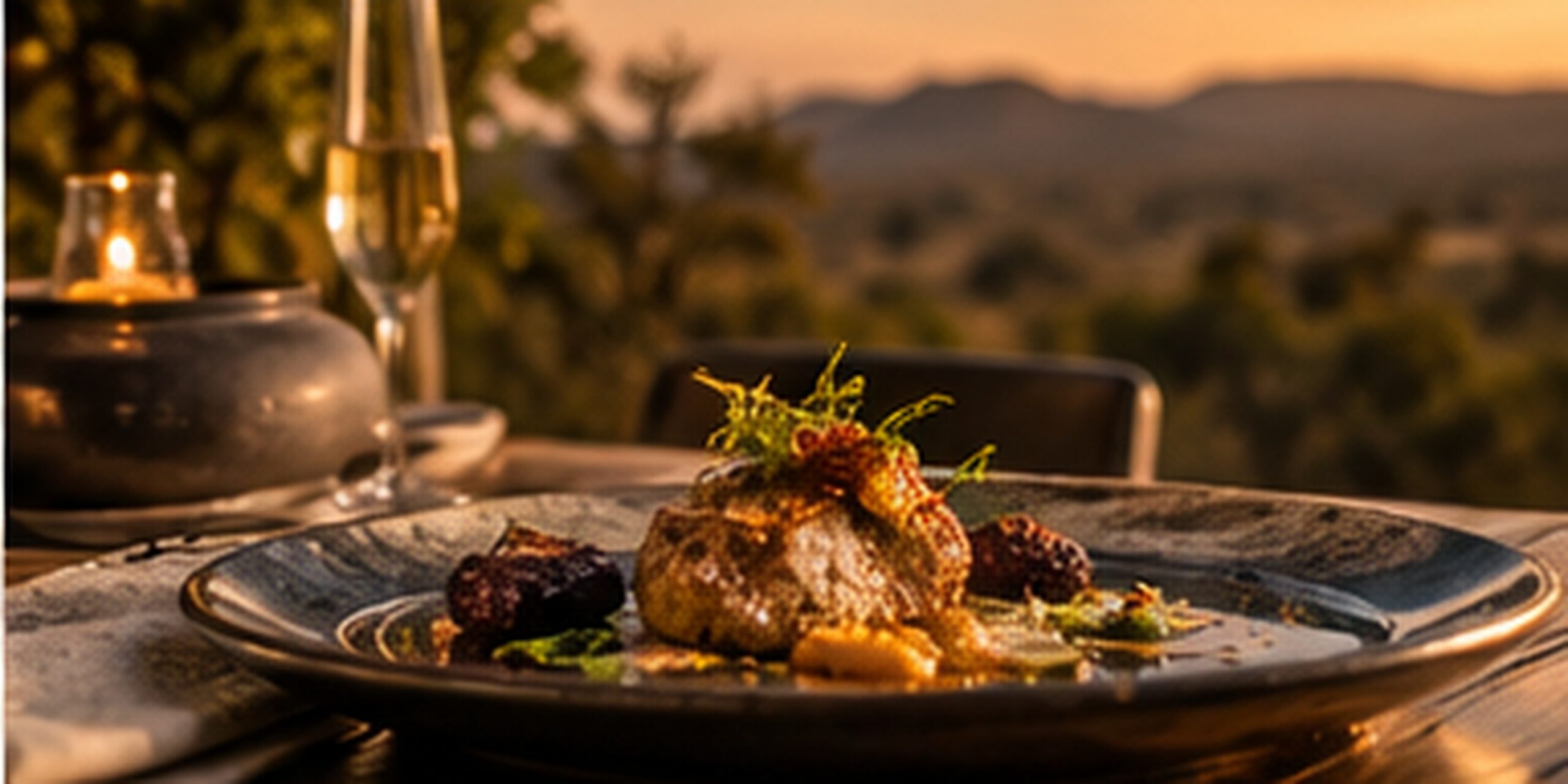 Dinner by candlelight on a lodge deck overlooking the bush at dusk
