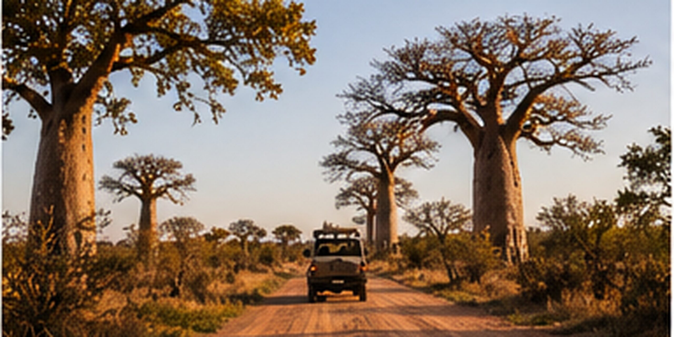 A safari vehicle on a dirt road between tall baobab trees