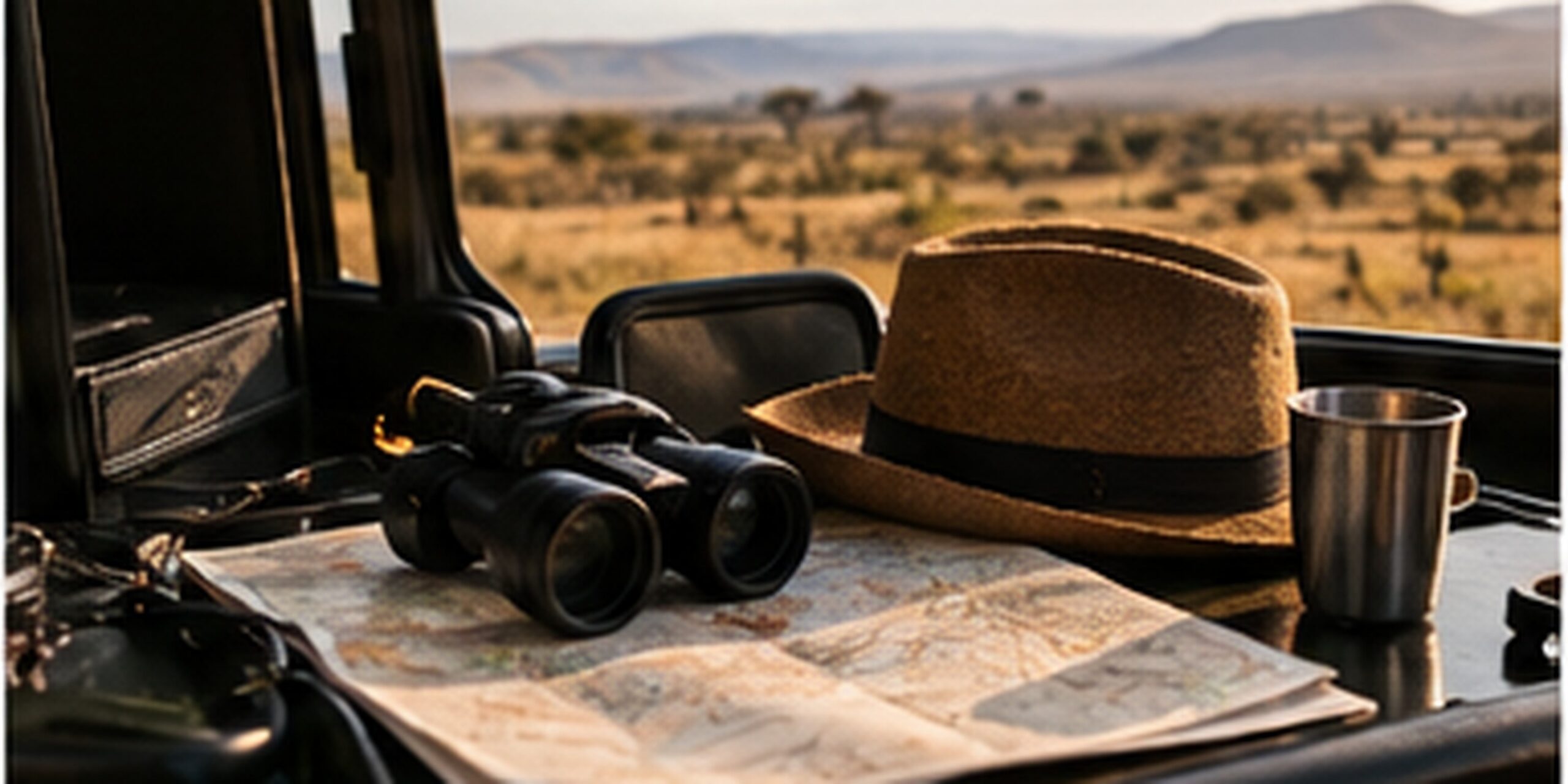 Binoculars, a hat and a map on the dashboard of a safari vehicle