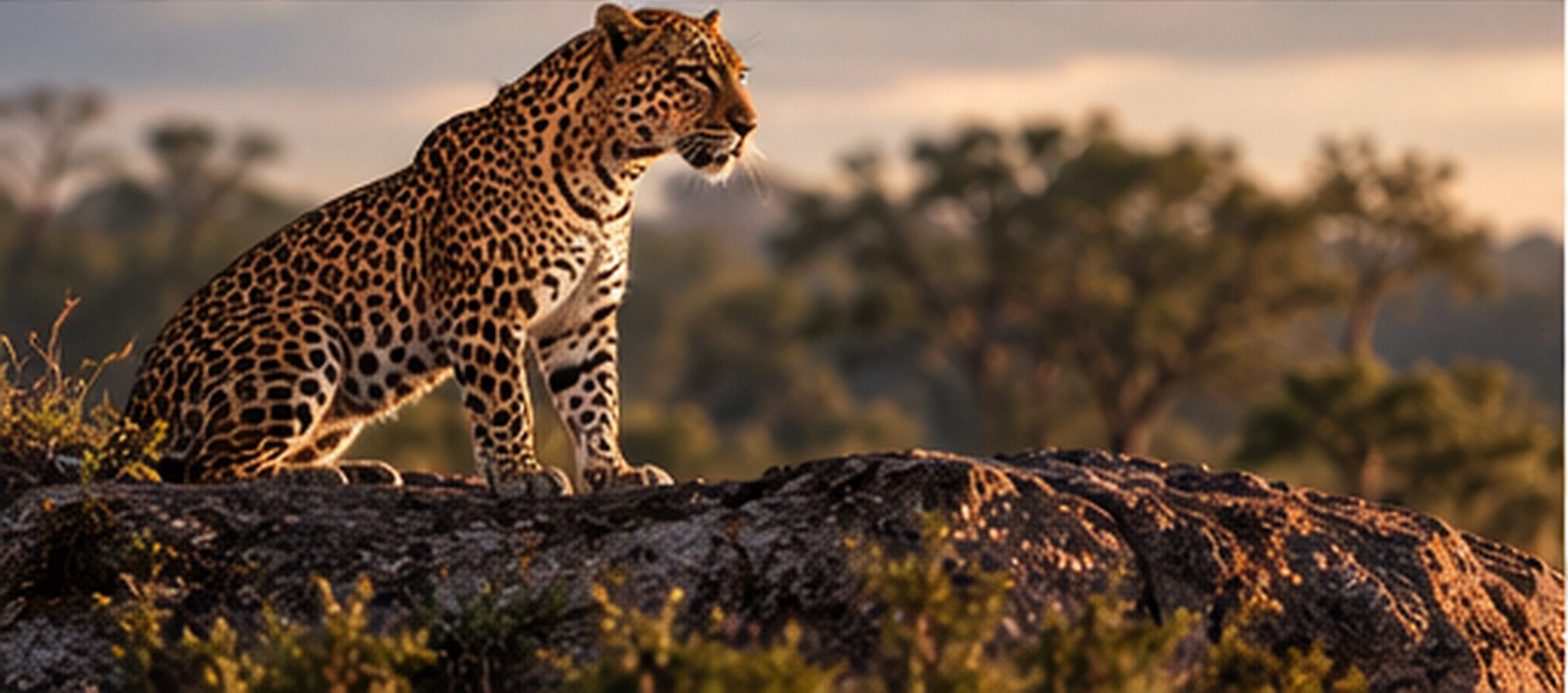 A leopard resting on a rock in warm evening light