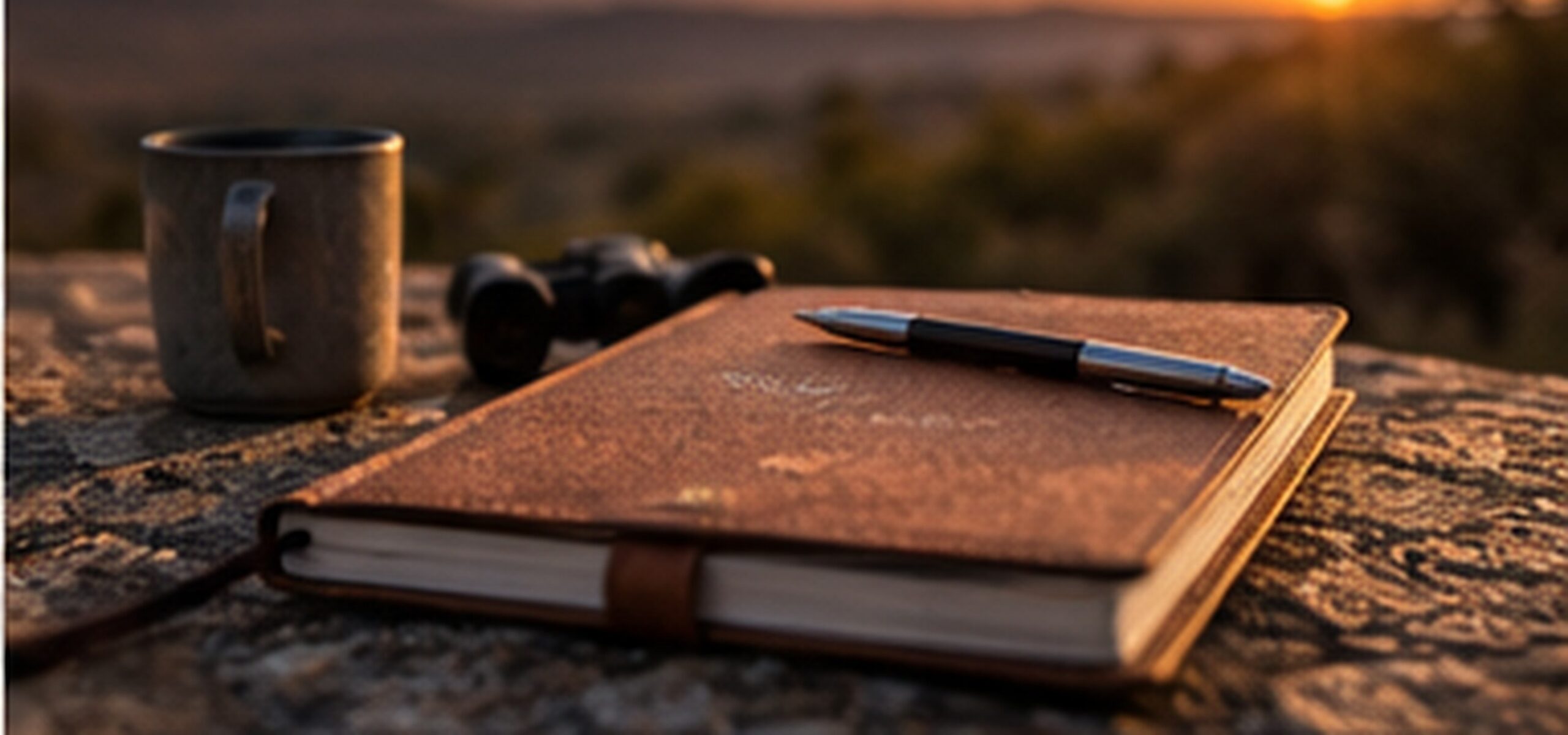 A field notebook, pen, binoculars and a coffee mug at sunrise
