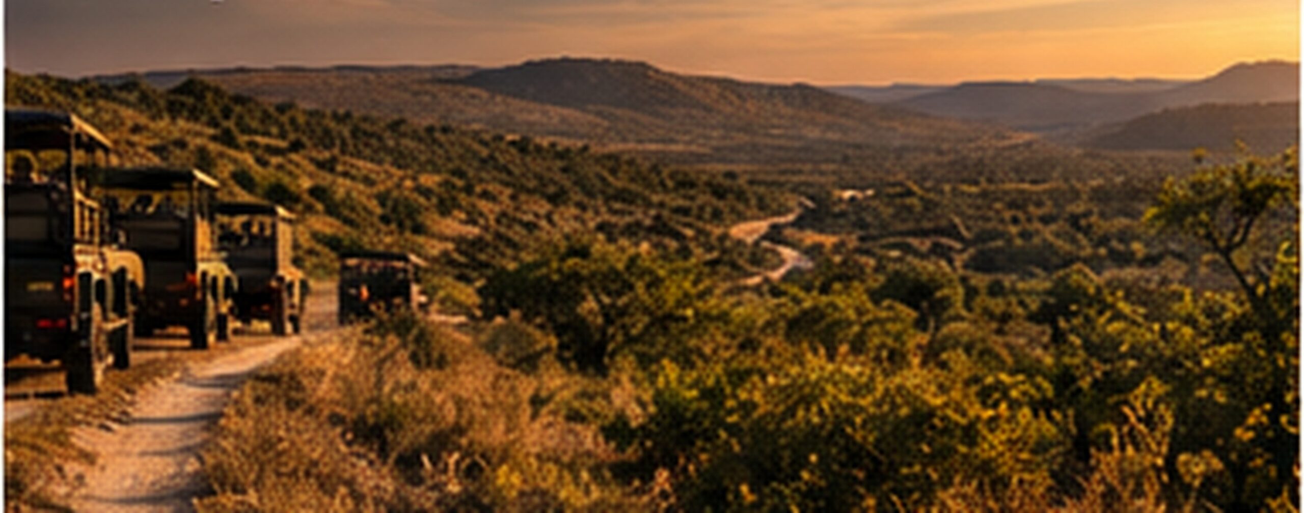 A line of safari vehicles on a track through bushveld hills at sunset
