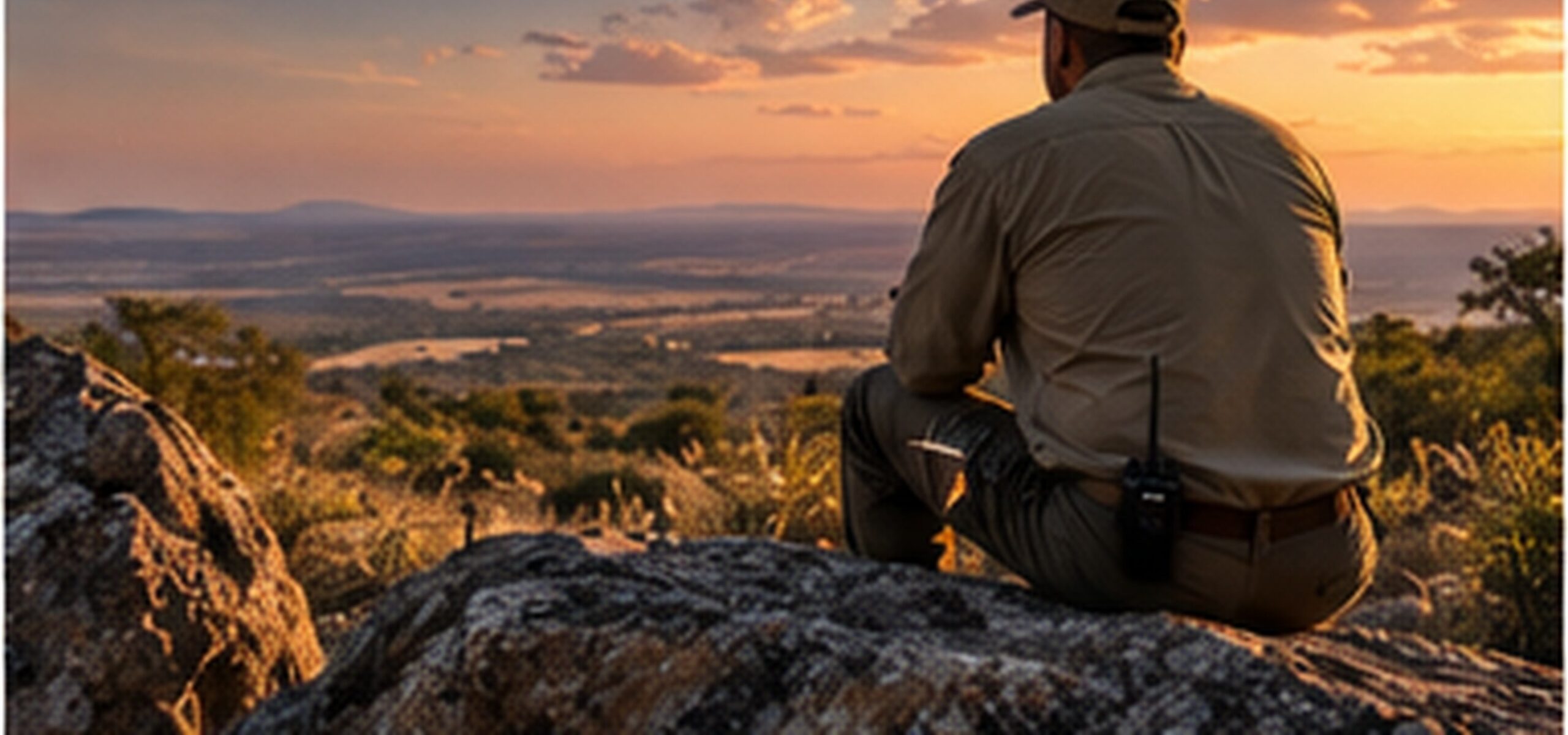 A guide sitting on a rock, looking out over the bushveld at sunset