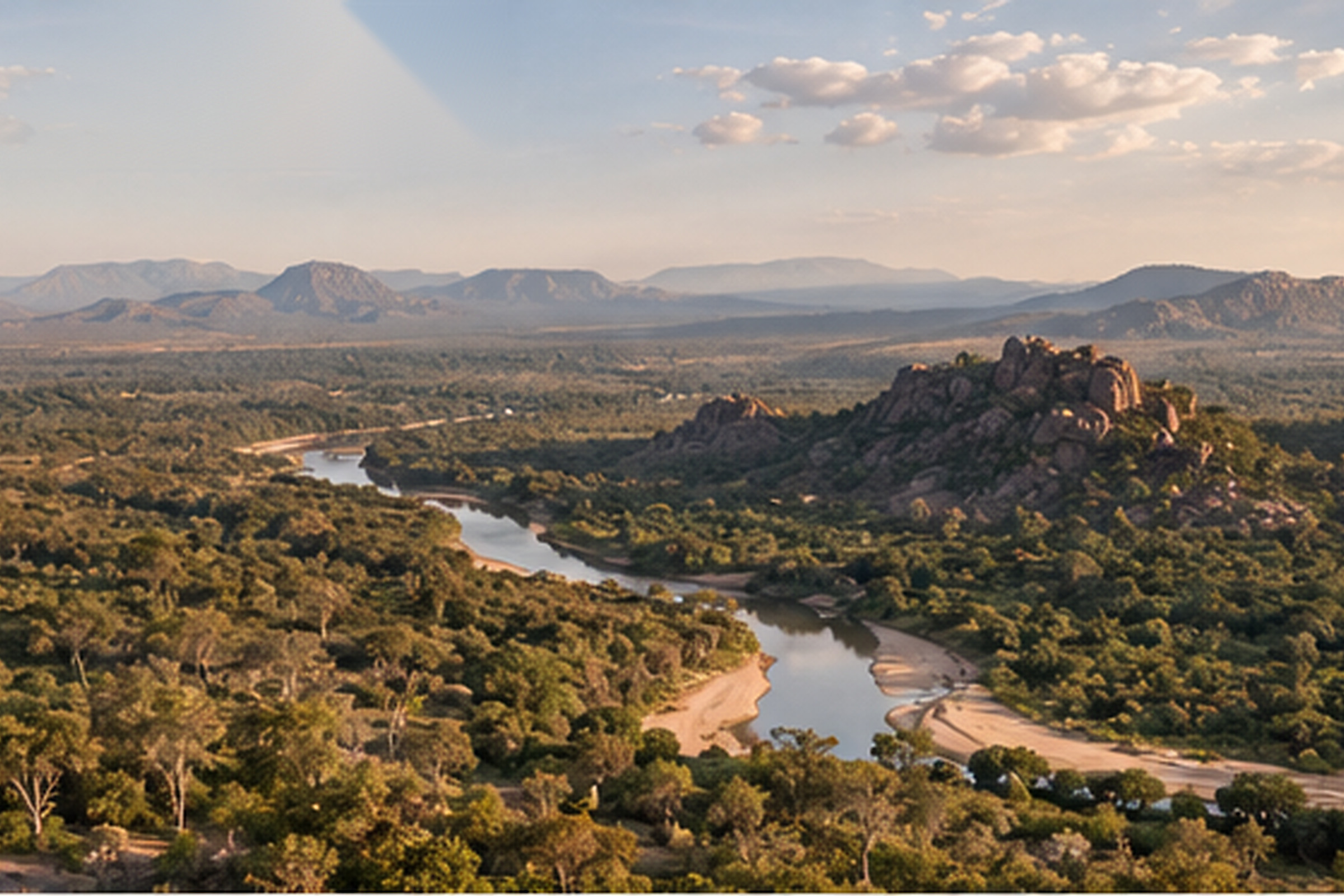 A river winding through wooded bushveld towards distant hills
