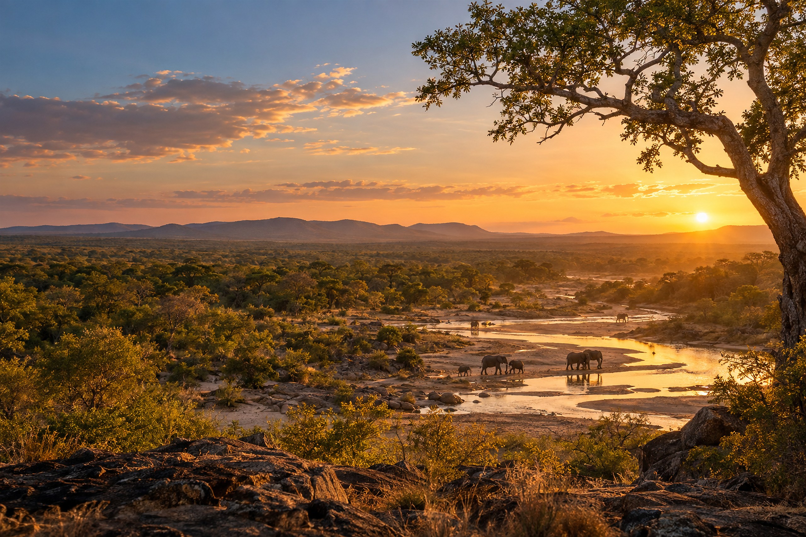 Sunset over a bushveld river valley, with elephants at the water beneath a spreading tree