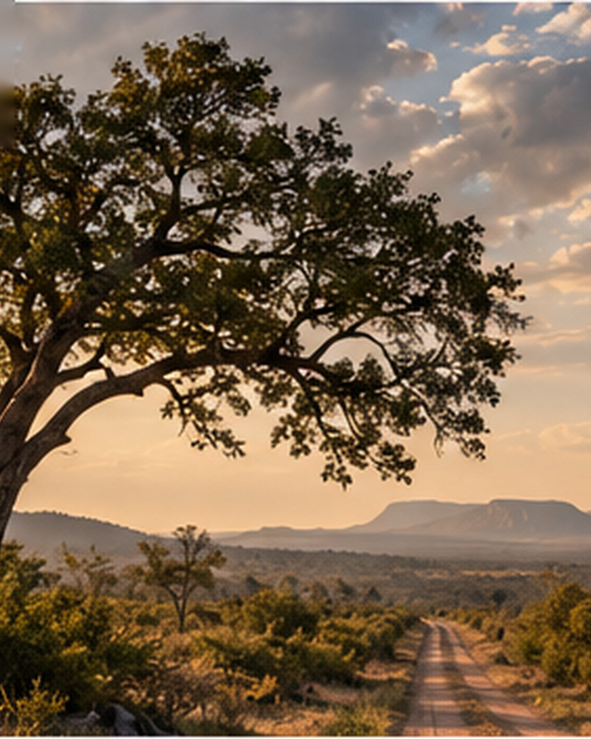 A lone tree above a dirt road running through the bushveld towards distant hills