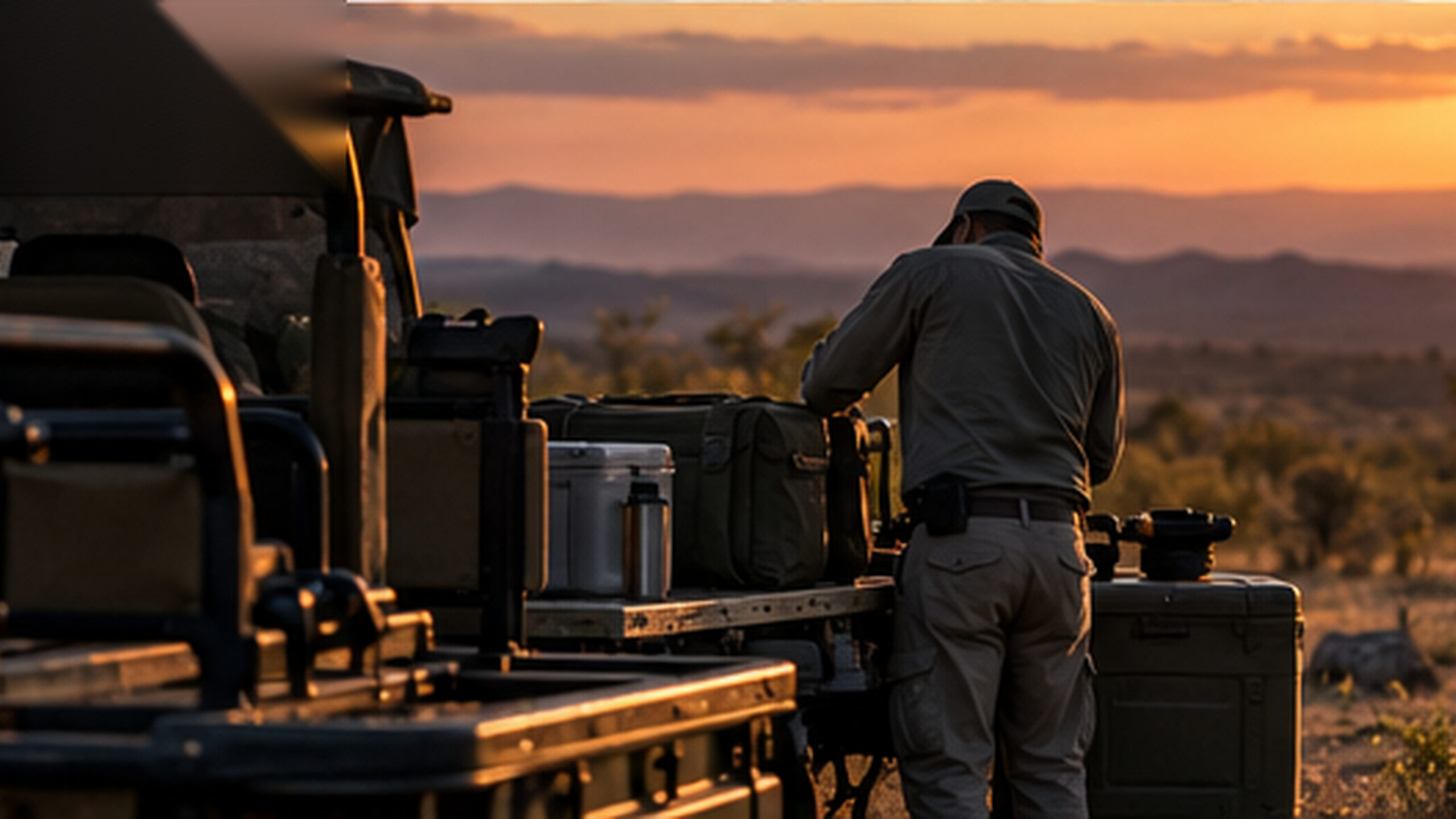 A guide loading kit into a safari vehicle at first light, before the day on the road