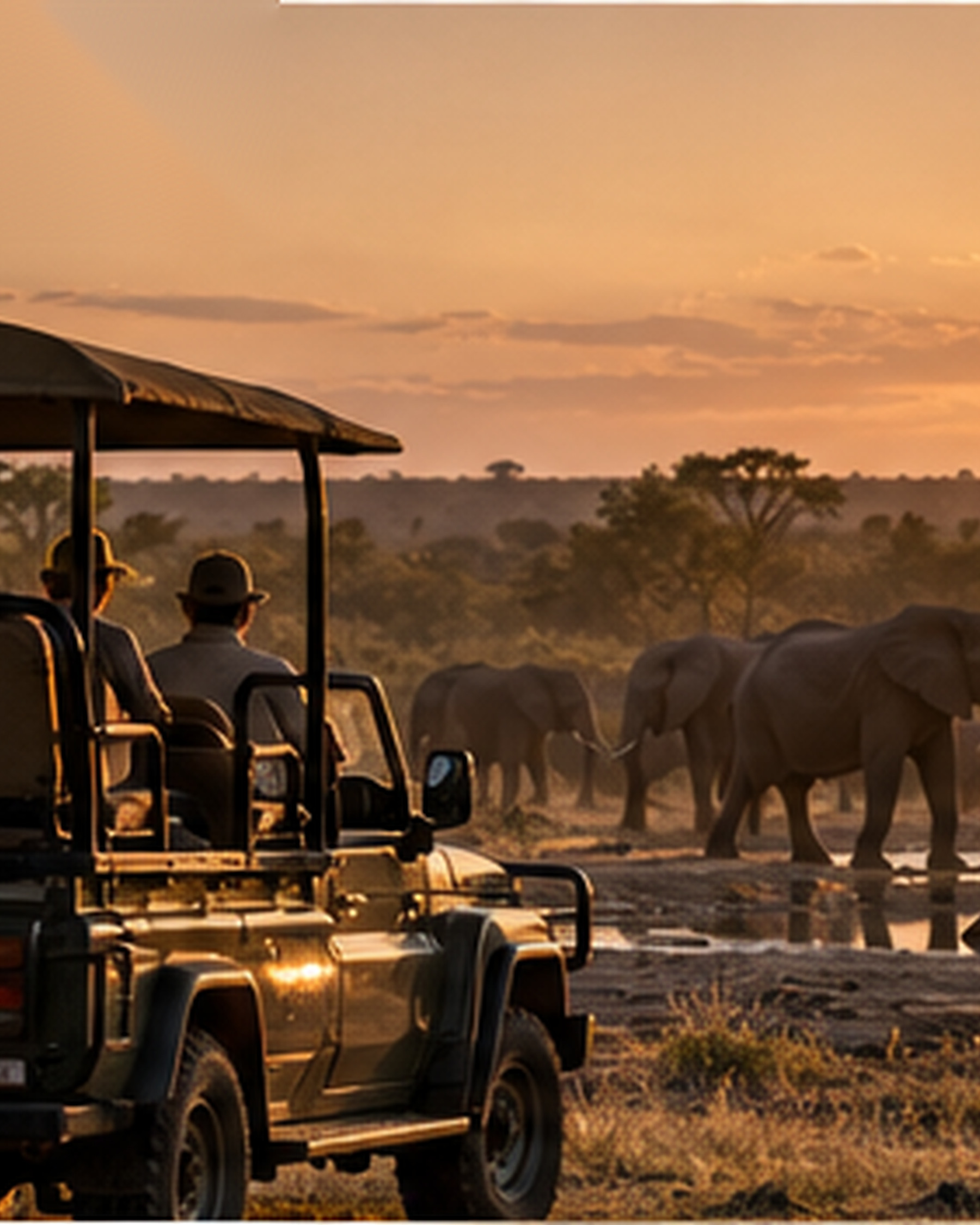 Guests in an open safari vehicle watching elephants at a waterhole at dusk