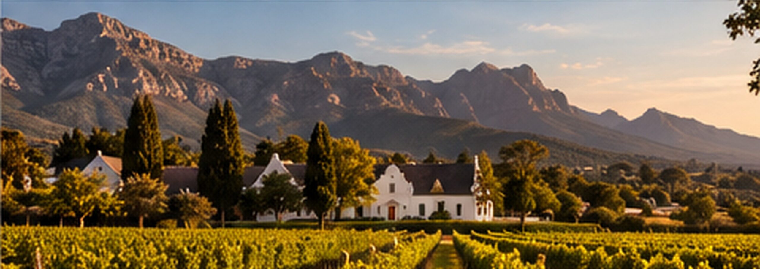 A Cape Dutch homestead among vineyards below the mountains