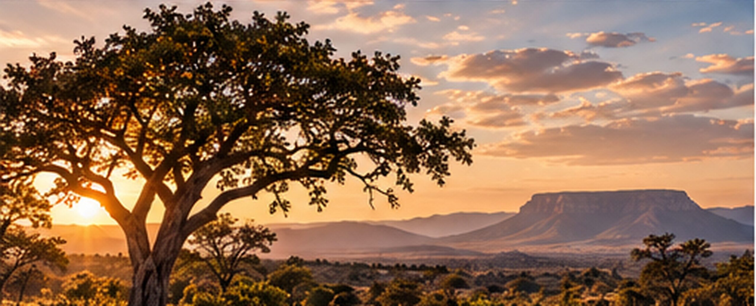 A spreading tree against the sunset, with a flat-topped mountain beyond
