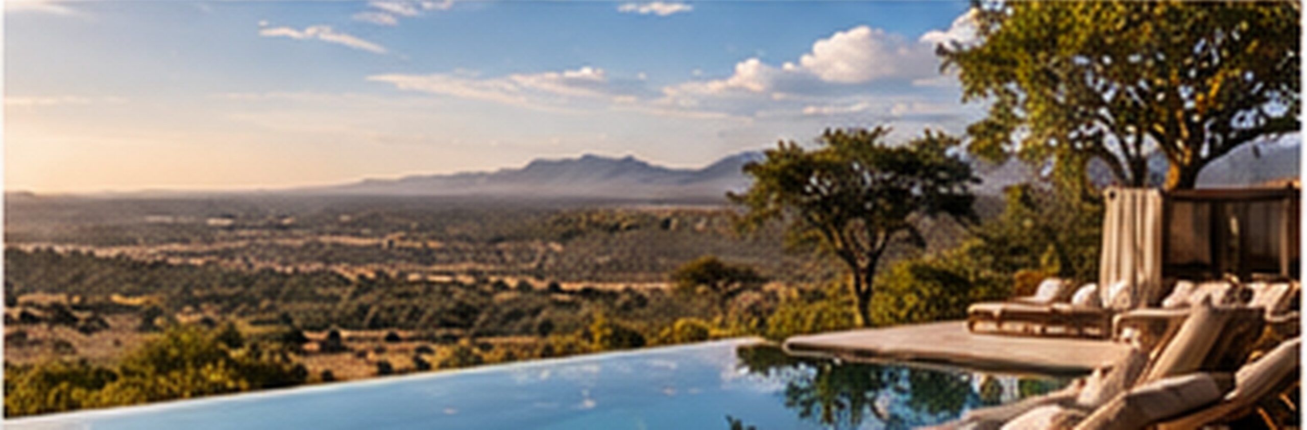 A lodge pool deck looking out over the bushveld and distant hills