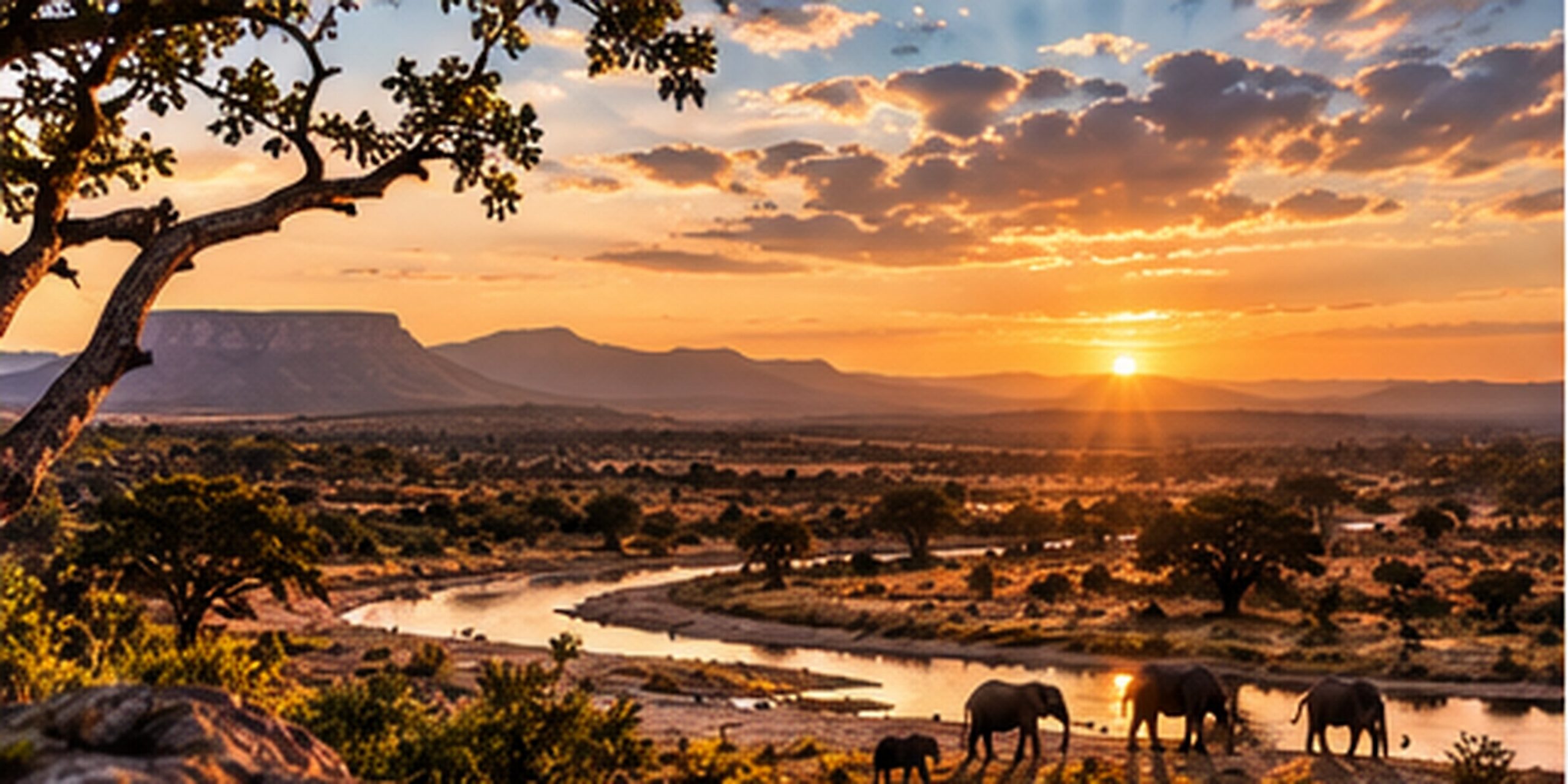 Elephants crossing a sand river at sunset