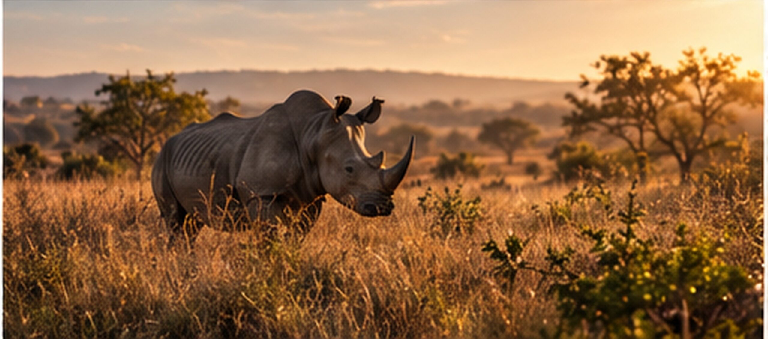 A rhino in golden grassland at dusk