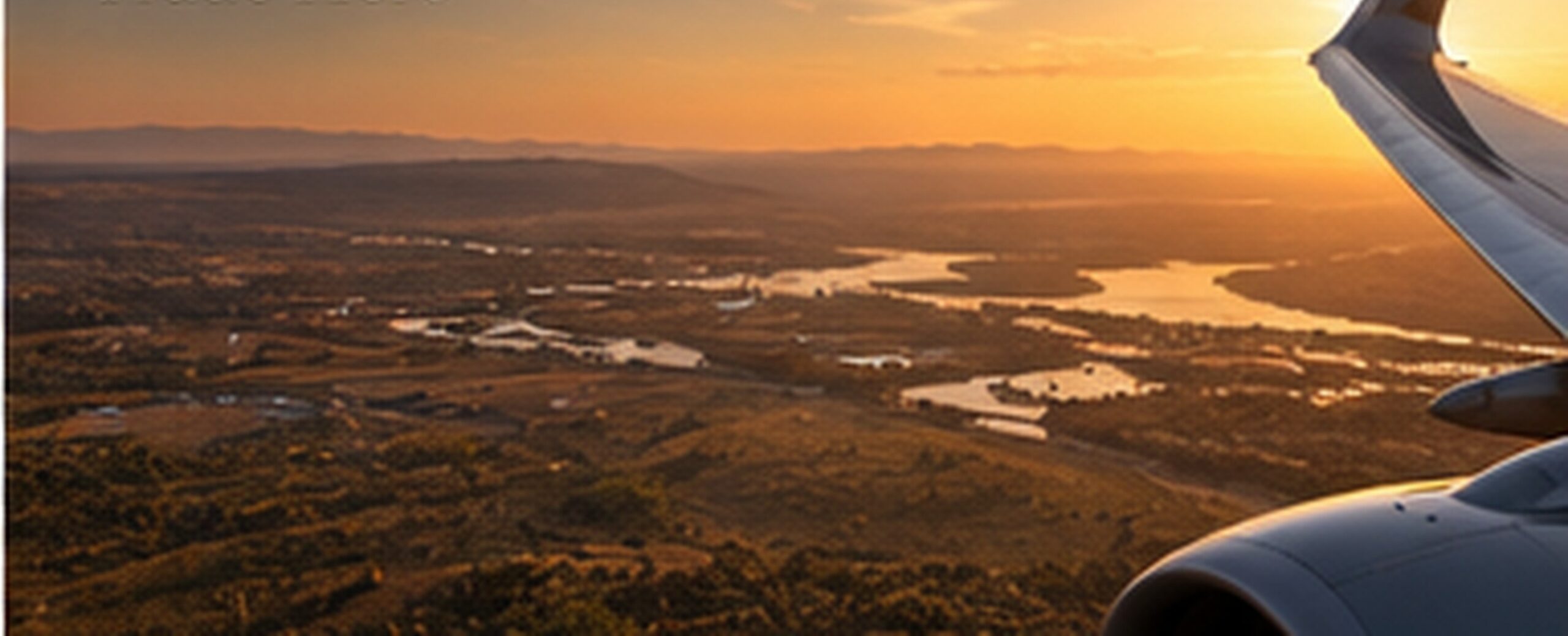 An aircraft wing above a river landscape at sunset