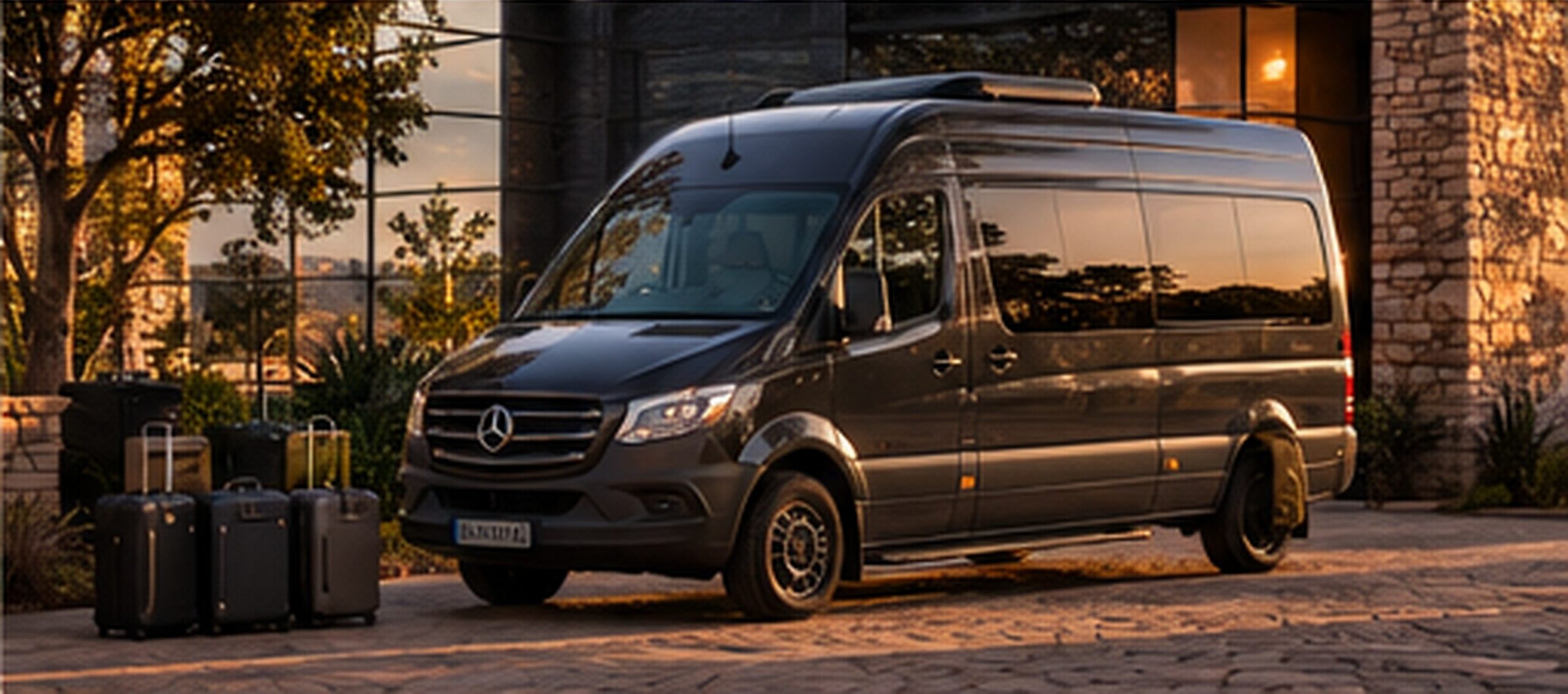 A passenger van with luggage waiting at a lodge entrance at dusk