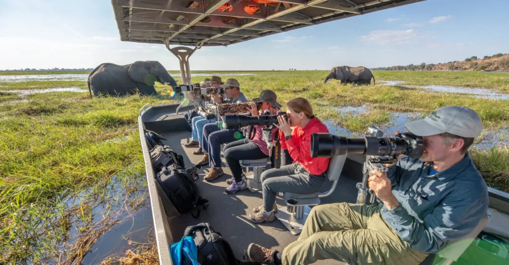 Photographers on a boat watching elephants on the Chobe floodplain