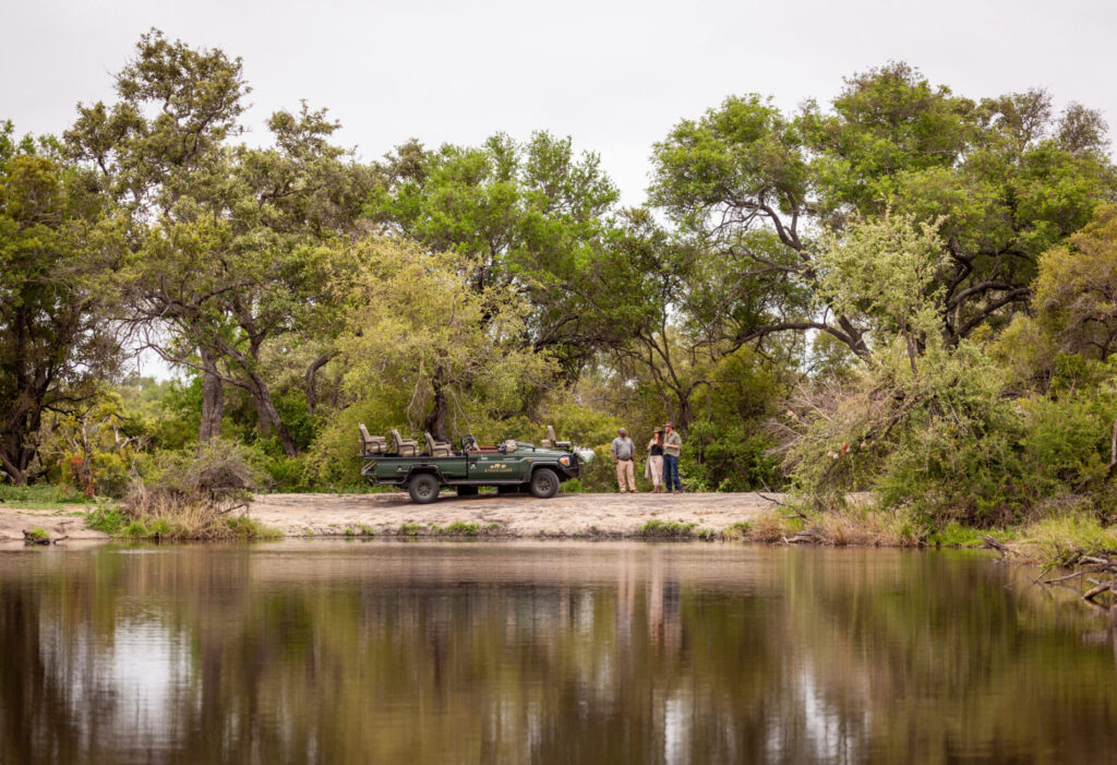 Kings Camp, Timbavati — a game-drive vehicle at the waterhole
