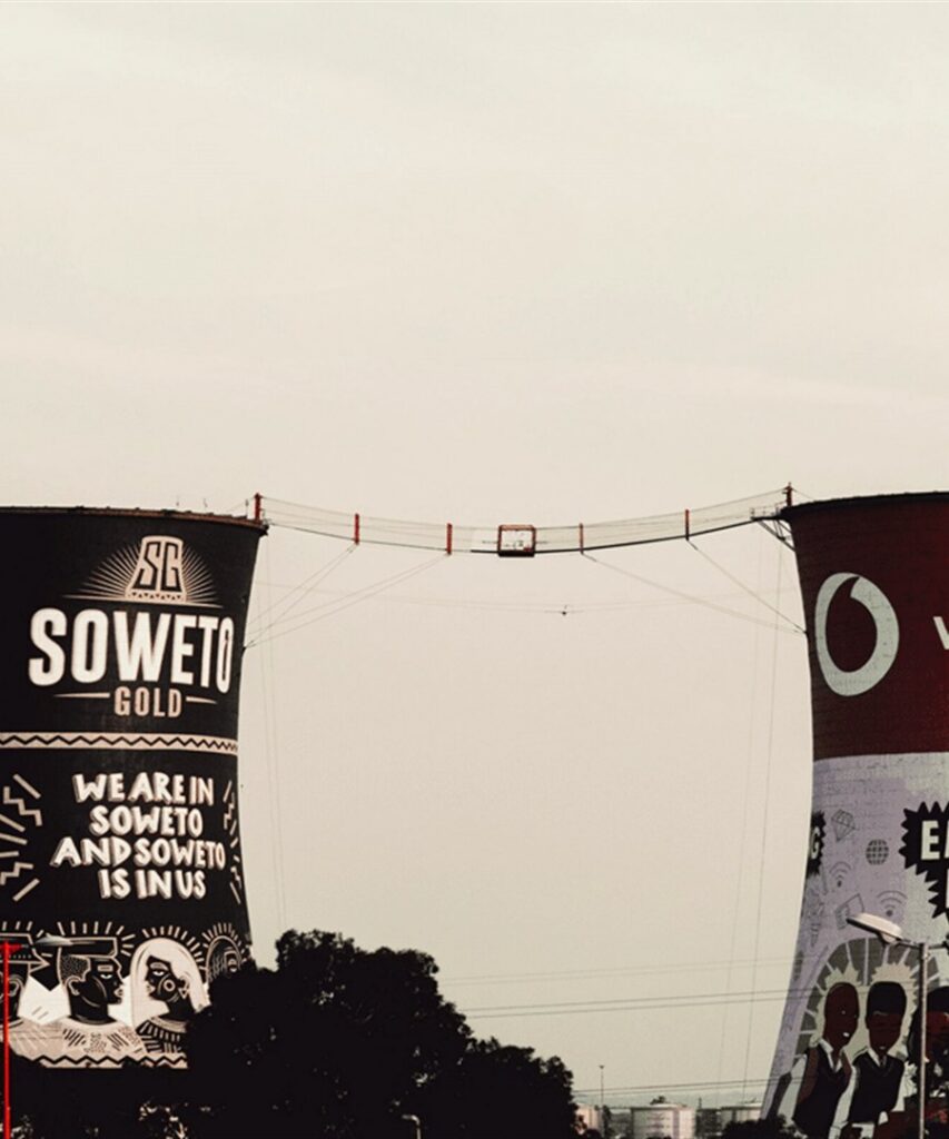 The Soweto Gold cooling towers with the bungee bridge between them