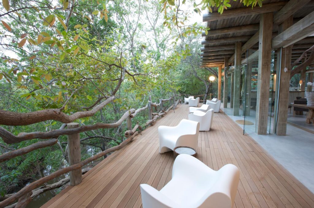 Kapama Karula bar viewing deck with white chairs among the trees